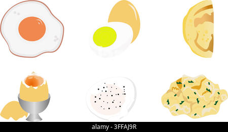 Set of eggs with Fried egg, Boiled egg, Omelet, Soft-boiled egg, Poached egg, Scrambled egg vector illustration isolated on white background Stock Vector