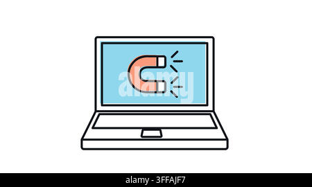 Laptop computer with horseshoe magnet attraction symbol on screen vector icon. Black line art with color offset fill style on white background. Stock Vector
