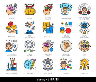 Kids cognitive ability, memory improvement and attention therapy color icons. Person cognitive ability vector pictograms. Adult and kids education, cr Stock Vector