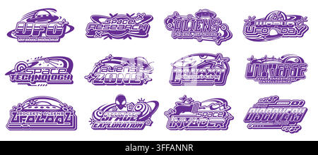 Y2K space travel and exploration icons or symbols. Galaxy outerspace research Y2K vector element, space discovery symbol. Cosmos travel sign with alie Stock Vector