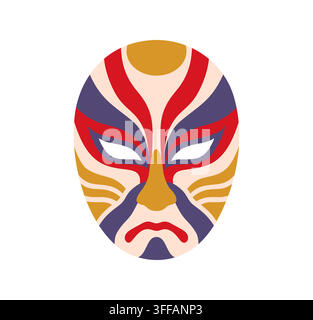Japanese kabuki theater mask with red, purple and golden face makeup pattern. Vector icon of traditional Japan performing art, actor costume, cultural Stock Vector
