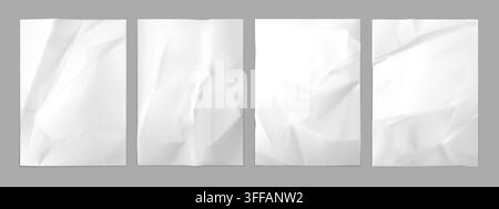 White crumpled paper sheets, wrinkled and ripped empty note page mockup, realistic crumble background. Vector crumple letter or poster with folds or w Stock Vector