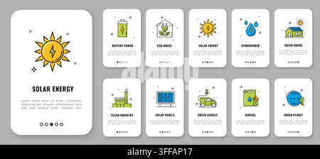 Clean green energy mobile app onboarding screen, environment and green technology line icons. Vector solar panels, battery, hydropower, eco house, ele Stock Vector