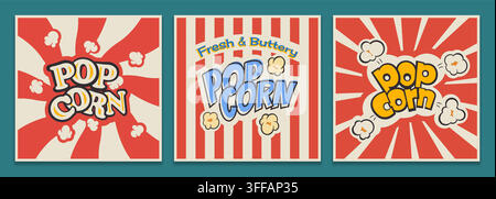 Vintage movie popcorn posters, retro pop corn sign banners at white red striped pattern background. Cartoon retro comic pop corn grains splash poster Stock Vector