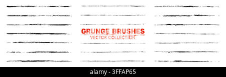 Grunge underline strike lines set, grungy graffiti paint brush stains set, dirty marker smudge spray borders. Vector rough hand drawn ink strokes, ske Stock Vector