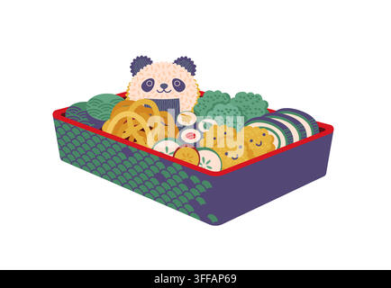 Japanese kids bento lunch box featuring panda shaped rice ball, smiling nuggets, curled onion rings and broccoli. Vibrant green and purple container f Stock Vector