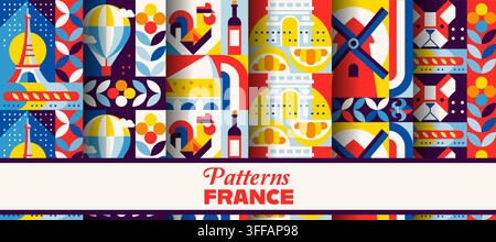 France travel seamless pattern with geometric ornament background. Vector vintage modern Paris culture tile with Eiffel Tower, Arc de Triomphe and win Stock Vector