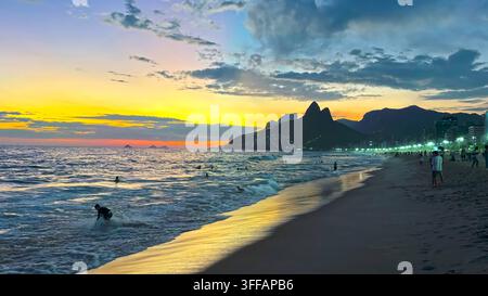 Rio de Janeiro, Brazil, September 3, 2026. Sunset Over Ipanema Beach and Two Brothers Mountain. Stock Photo