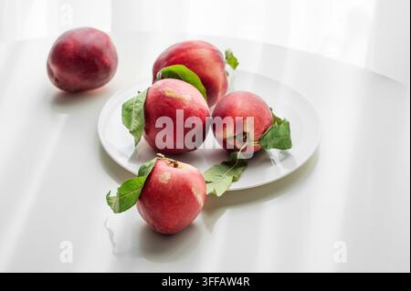 Fresh red peaches or nectarines with green leaves, on plate on white table and sunlight from window. Healthy and wholesome food concept, organic fruit Stock Photo