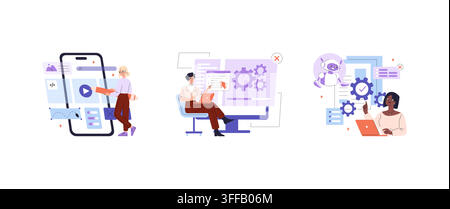 Developers work on mobile app design software coding and AI automation tools across screens and laptops, with interface elements gears chatbot and pro Stock Vector