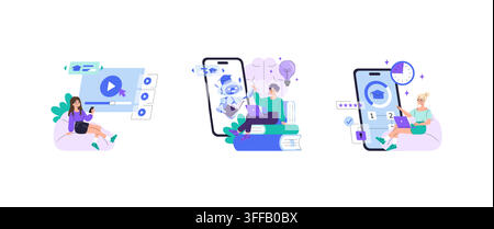 Online learning vector illustration set showing students using mobile education apps, video lessons, AI tutoring, testing, progress tracking, rating, Stock Vector