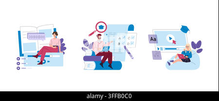 Online education vector illustration set with students watching lessons taking tests and studying on laptops with video classes text materials and ele Stock Vector