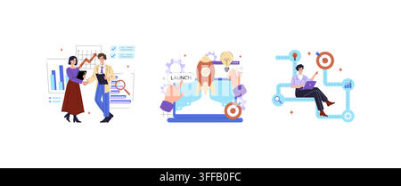 Business growth vector illustration set with partners shaking hands, rocket launch startup concept, and analyst working on laptop with targets, charts Stock Vector
