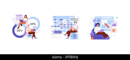 Developers work on laptops with DevOps workflow coding interface and web design editor screens, showing software development programming and digital p Stock Vector