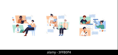 Remote team members use laptops and phones during online calls, chat messaging, and technical support sessions on screens, shown as a flat vector illu Stock Vector