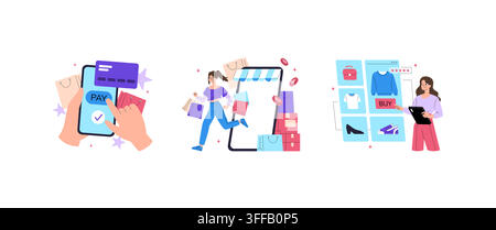 Online shopping vector illustration set with mobile payment, digital storefront, and customer buying clothes on tablet and smartphone, showing ecommer Stock Vector
