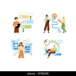 Workflow management vector illustration set with people organizing task lists, tracking process steps, planning project flow, checking progress, and i Stock Vector