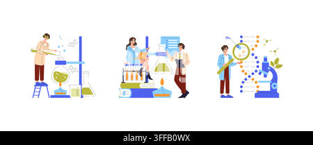 Scientists conducting laboratory research with test tubes flasks microscope and DNA chart, analyzing samples and recording results in a chemistry lab Stock Vector
