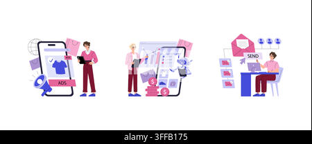 Digital marketing vector illustration set showing online ads management ecommerce analytics and email sending campaign on mobile and desktop screens w Stock Vector
