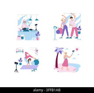 Lifestyle content creators record cooking, home workout, stretching, yoga and beach selfie scenes with smartphone cameras for social media, vlog chann Stock Vector