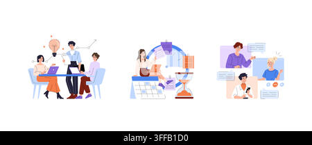 Vector illustration of professionals collaborating in a meeting, managing tasks, and participating in a video conference. Expressions show focus, team Stock Vector