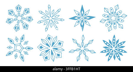 Minimalist blue winter snowflakes hand drawn vector set for Christmas design Stock Vector
