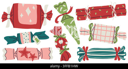 Festive colorful Christmas crackers hand drawn vector set for holiday design Stock Vector