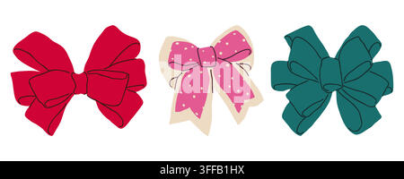 Volumetric fluffy colorful Christmas gift bows hand drawn vector set for festive seasonal greeting cards Stock Vector