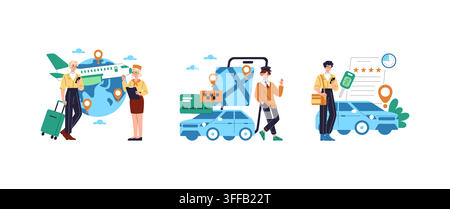 Travel booking vector illustration with travelers using smartphone for flights maps hotel review and car rental payment services, showing trip plannin Stock Vector