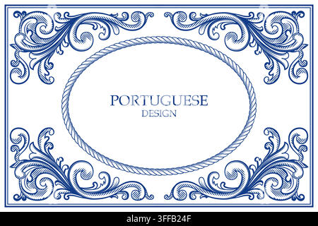 Vector hand drawn Portuguese vintage frame design. Elegant linear graphic layout with traditional baroque ornament and rope border on white background Stock Vector