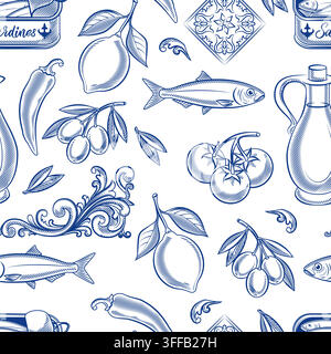Vector hand drawn Portuguese symbols seamless pattern with canned sardine fish, azulejo tile, lemon, olive oil, tomato, chilli pepper. Mediterranean f Stock Vector
