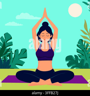 Woman in lotus position with eyes closed and smiling around tropical leaves. Hands are raised up. Vector illustration. Flat drawing for materials abou Stock Vector