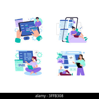 Developers coding on tablet laptop and smartphone screens with app layouts interface elements and automation tools, vector illustration set for softwa Stock Vector