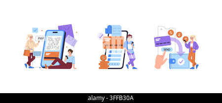 Mobile payment and online banking vector illustration set with users scanning QR code paying by smartphone entering card details and sending money to Stock Vector