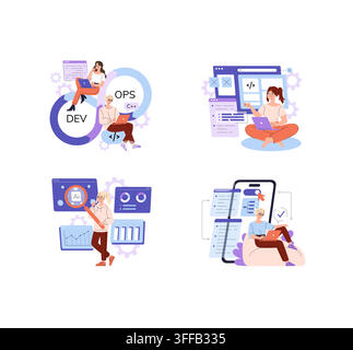 Developers work on DevOps coding, software testing, mobile app interface analysis and AI search dashboards in a vector illustration set with laptops, Stock Vector