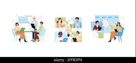Business team meeting, online collaboration, idea generation and task planning with charts, laptops and documents in flat style vector illustration fo Stock Vector
