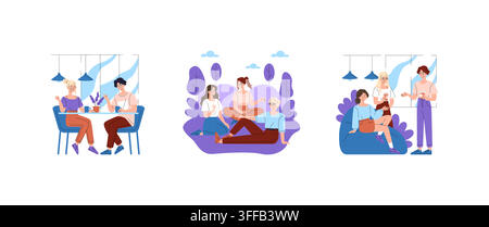 Friends talk, sit together, and drink coffee in casual social scenes indoors and outdoors, with smiling expressions, relaxed poses, and modern flat ve Stock Vector