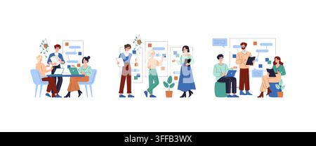 Business team collaborating with laptops, documents and speech bubbles in office workflow scenes, coworkers presenting ideas and discussing tasks in a Stock Vector