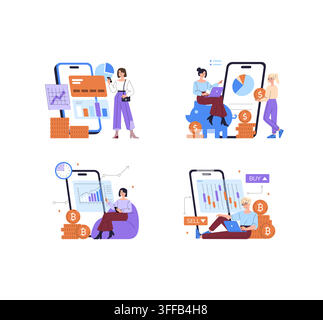 Mobile finance vector illustration set with people managing digital payments, savings, investment charts and crypto trading on smartphone screens with Stock Vector