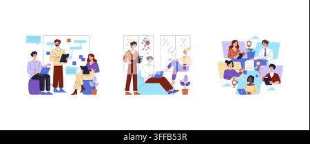 Remote team members work on laptops and tablets, share messages, review tasks and location data in a collaborative workflow set, vector illustration f Stock Vector