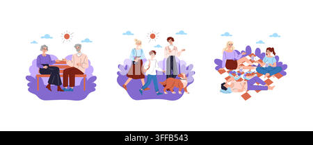 Vector illustration of families spending time together outdoors in park, sitting on bench, walking with dog, and relaxing on picnic blanket with food Stock Vector