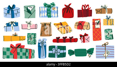 Festive gift and present collection with colorful wrapped boxes, bags, ribbons, bows and decorative packaging for holiday celebrations, greeting cards Stock Vector