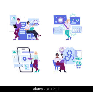 Tech professionals analyze data dashboards, mobile interface design, automation gears, and AI tools across four scenes in clean vector illustration fo Stock Vector