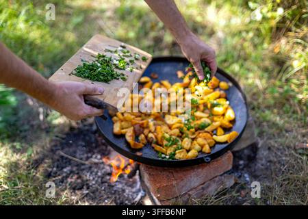Fresh Herbs Added to Potatoes Cooking Over Open Fire. Hands sprinkling chopped fresh herbs over seasoned potatoes cooking in a large pan above an Stock Photo