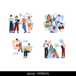 Business team collaborating in office and online meeting scenes, with coworkers greeting, planning tasks, sharing documents, and working on laptops in Stock Vector