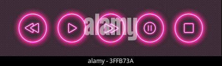 Neon media player buttons. Pink glowing audio control icons. Stock Vector