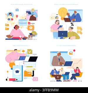 Vector illustration showing educational diversity, various age groups engaged in learning, including online education, corporate training, and mobile Stock Vector
