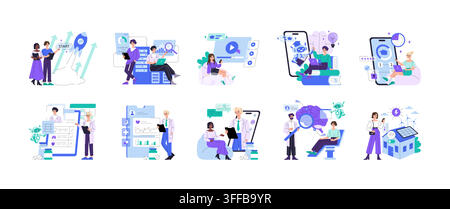 Online education and telemedicine vector illustration set with people studying on devices consulting doctors tracking health data using mobile apps da Stock Vector