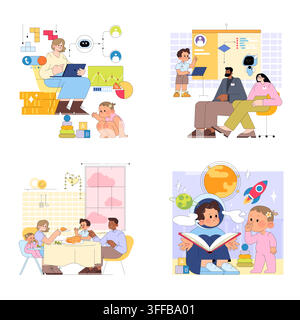 Family lifestyle vector illustration set with parent working on laptop near child, business presentation with robot, shared dinner, and children reading in space themed playroom Stock Vector