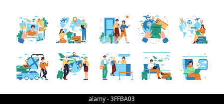 Travel themed vector illustration set with travelers booking flights, checking in, showing passport, reserving hotels, packing luggage, waiting at airport, and riding on plane Stock Vector